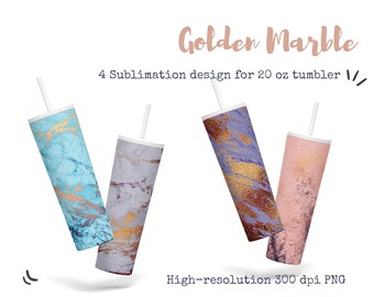 Paquete de diseños de sublimación Skinny Tumbler de 20 oz, 4 mármoles de plata metálica de oro infunden fondo, PNG de alta resolución, descarga instantánea