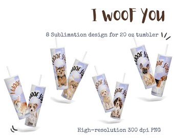 20 oz Skinny Tumbler Sublimation Designs Bundle, 8 acuarela pastel I Woof You Dog Lover, PNG de alta resolución, descarga instantánea de papel digital