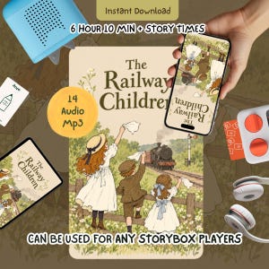 Puede incluir: Una colección digital de audiolibros The Railway Children con 14 archivos MP3 que suman 6 horas y 10 minutos de narración. El conjunto incluye un smartphone con la portada del libro, una tablet, un altavoz azul y auriculares blancos.