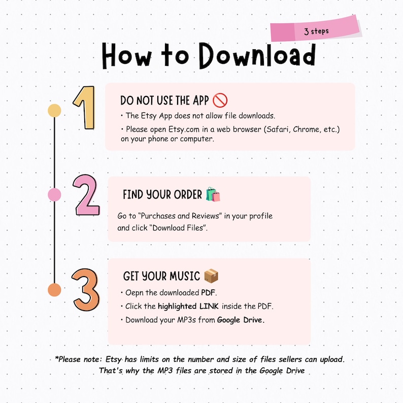 May include: An instructional graphic titled How to Download with 3 steps. Step 1: DO NOT USE THE APP. Step 2: FIND YOUR ORDER. Step 3: GET YOUR MUSIC. Includes instructions to use a web browser, access Purchases and Reviews, and download files from Google Drive.