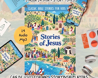 May include: A digital collection titled Stories of Jesus featuring illustrated biblical scenes, including a boat on water, figures in a landscape, and a tomb. The set includes 14 audio MP3 files, a 2 hour 24 minute runtime, and is compatible with various storybox players.