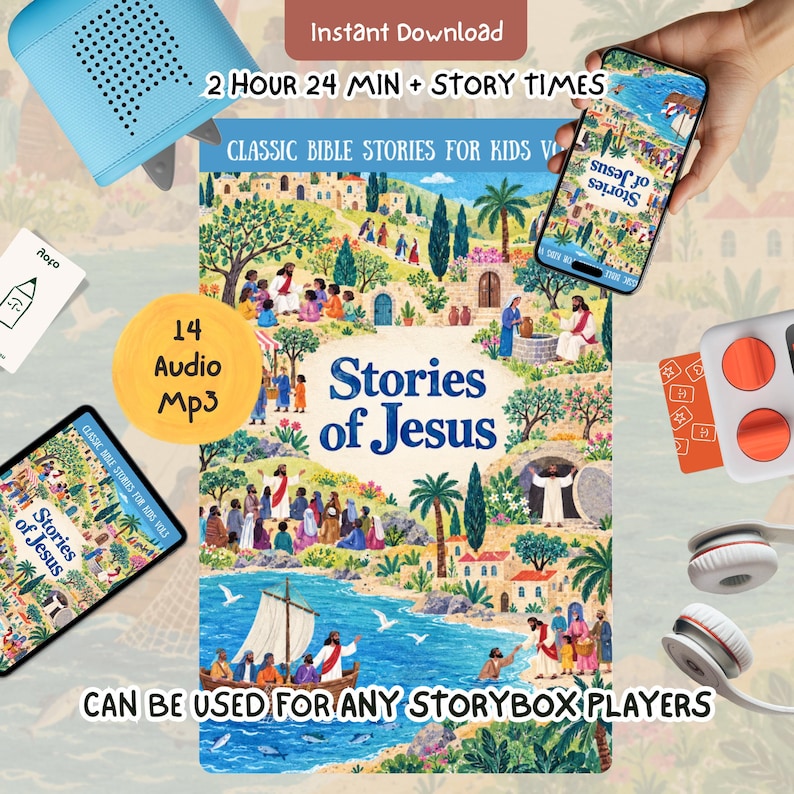 May include: A digital collection titled Stories of Jesus featuring illustrated biblical scenes, including a boat on water, figures in a landscape, and a tomb. The set includes 14 audio MP3 files, a 2 hour 24 minute runtime, and is compatible with various storybox players.
