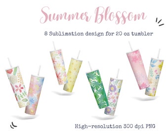 20 oz Skinny Tumbler Sublimation Designs Bundle, 8 watercolor pastel summer flower blossom designs, high resolution PNG, Instant Download