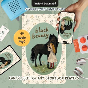 May include: A digital audio collection titled Black Beauty featuring 49 MP3 files, 5 hours and 27 minutes of content, and story times. The artwork displays a girl with blonde hair in a plaid dress standing beside a black horse in a meadow.