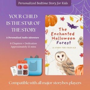 Puede incluir: Un libro de aventuras en audio personalizado titulado The Enchanted Halloween Forest con un búho, calabazas y un fantasma, junto a un reproductor de audio azul claro con dos diales rojos y una pantalla pequeña, compatible con reproductores.