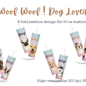 20 oz Skinny Tumbler Sublimation Designs Bundle, 8 pastello acquerello Dog Lovers Designs, PNG ad alta risoluzione, Digital Paper Instant Download