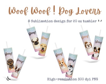 Paquete de diseños de sublimación skinny tumbler de 20 oz, 8 diseños de amantes de los perros de acuarela pastel, PNG de alta resolución, descarga instantánea de papel digital