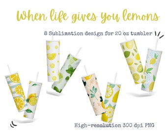 20 oz Skinny Tumbler Sublimation Designs Bundle, 8 cuando la vida te da diseños de limón, PNG de alta resolución, descarga instantánea de papel digital