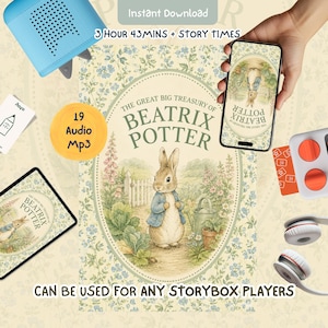 May include: A digital collection of Beatrix Potter stories featuring Peter Rabbit in a blue jacket, with text reading The Great Big Treasury of Beatrix Potter, 19 Audio Mp3, 3 Hour 43 Mins + Story Times, and Can Be Used For Any Storybox Players.