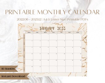 Calendario mensual de mármol dorado, junio de 2022 - diciembre de 2023, 19 meses horizontal, tamaño A4 y carta, PDF digitales imprimibles, diario del planificador