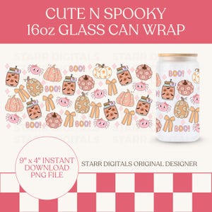 May include: A 16oz glass can wrap design featuring a repeating pattern of pink and orange pumpkins, smiling spiders, bows, and jars with the text BOO. The digital file measures 9 inches by 4 inches and includes a preview of a frosted glass can.