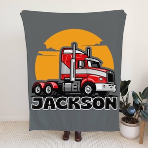 Personalized Semi Truck Blanket with Custom Name, Customizable Name Plush Throw Blankets, Kids Room Truck Decor, Customized Blanket Trucking