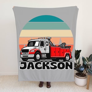 Personalized Tow Truck Blanket with Custom Name, Customizable Name Plush Throw Blankets, Kids Room Truck Decor, Customized Blanket Trucking