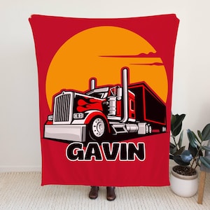 Personalized Semi Truck Blanket with Custom Name, Customizable Name Plush Throw Blankets, Kids Room Truck Decor, Customized Blanket Trucking