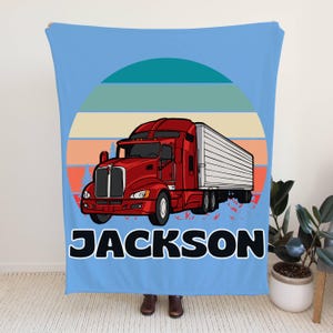 Personalized Semi Truck Blanket with Custom Name, Customizable Name Plush Throw Blankets, Kids Room Truck Decor, Customized Blanket Trucking