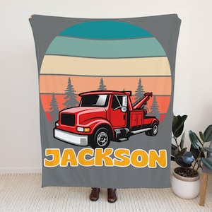 Customizable Tow Truck Blanket for Kids Plush Throw Blanket Couch Personalized Kids Sherpa Blankets Cozy Truck Blanket Gift for Truck Lovers
