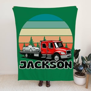 Personalized Tow Truck Blanket with Custom Name, Customizable Name Plush Throw Blankets, Kids Room Truck Decor, Customized Blanket Trucking