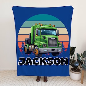 Personalized Semi Truck Blanket with Custom Name, Customizable Name Plush Throw Blankets, Kids Room Truck Decor, Customized Blanket Trucking