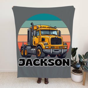 Personalized Semi Truck Blanket with Custom Name, Customizable Name Plush Throw Blankets, Kids Room Truck Decor, Customized Blanket Trucking