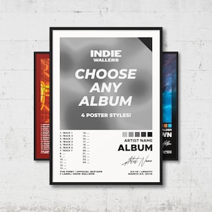 May include: A rectangular poster in a black frame featuring the text INDIE WALLERS CHOOSE ANY ALBUM 4 POSTER STYLES. The design includes a tracklist numbered 1 to 24, placeholders for artist name and album title, a signature, and date March 24, 2016.