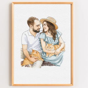 Ritratto di coppia personalizzato con gatto, disegno personalizzato di un animale domestico da una foto, regalo per proprietari di gatti, anniversario, commemorazione di un animale domestico, acquerello per genitori di gatti