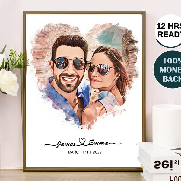 PORTRAIT PERSONNALISÉ DE BANDE DESSINÉE | Portrait de couple personnalisé à partir d'une photo | Cadeau de mariage pour les mariés | Fiançailles, cadeau d'anniversaire