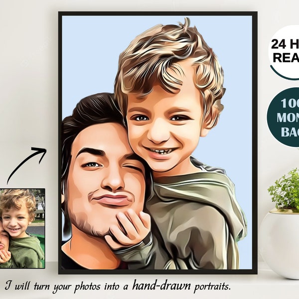 Cartoon Portrait From Photo - Custom Personalized Dad Illustration - Father's Day Present For Him From Daughter Wife Family, Birthday Gift