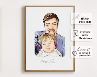 Watercolor Portrait From Photo - Personalised Dad Painting - Fathers Day Present For Him From Daughter Wife Family, Birthday Art Gift