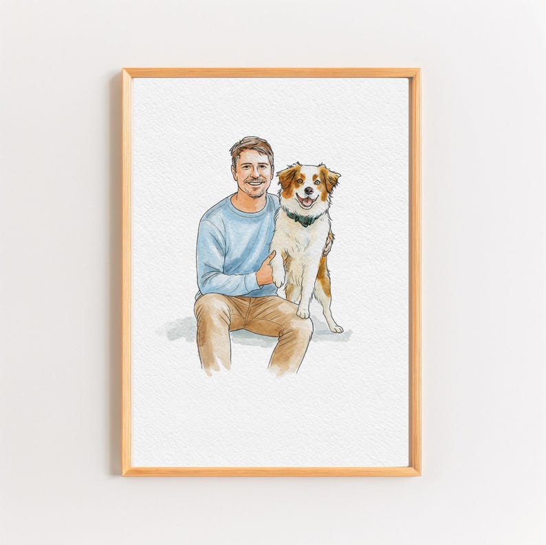 Custom Portrait with Pet, Watercolor Portrait with Pet, Pet Family Painting from Photo, Couple and Pet Drawing from Photo, Owner and Pet image 7