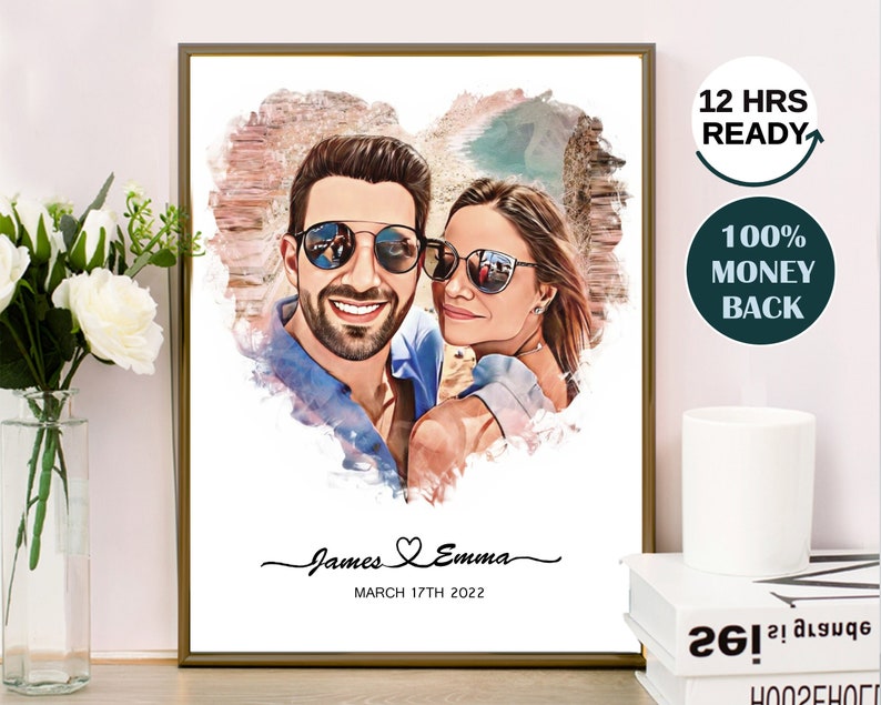 CARTOON CUSTOMIZED PORTRAIT Personalized Couple Portrait from Photo Wedding Day Gift for Bride and Groom Engagement, Anniversary Gift image 1