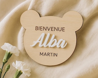 Personalized wooden birth announcement card, engraved teddy bear with first name, birth announcement and first name, welcome baby plaque, photo plaque