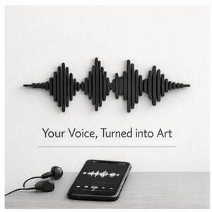 Può includere: Opera d'arte da parete nera a forma di onda sonora, con la scritta "Your Voice, Turned into Art". Sotto, uno smartphone mostra una grafica a onda sonora simile, accompagnata da auricolari neri.