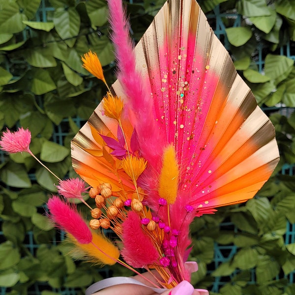 Summertime Bunch - Glitter Gold Orange Pink palm spear dried flower arrangements - cake toppers
