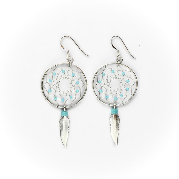 Grandes boucles d’oreilles attrape-rêves en argent sterling avec perles turquoise et plume