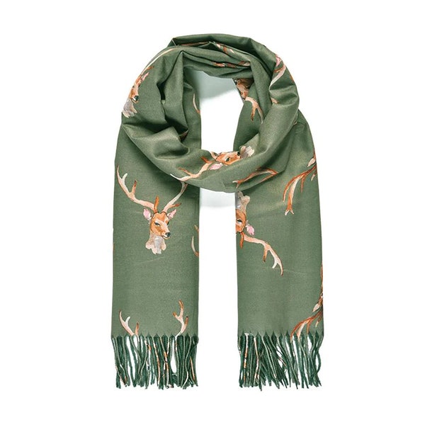 Olive Green Deer Print Double-side Scarf