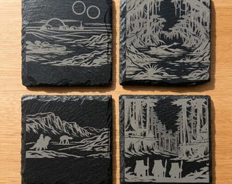 Star Wars Inspired Slate Coasters – Original Trilogy Planet Set – Tatooine, Dagobah, Hoth, Endor – Laser Engraved Set of 4