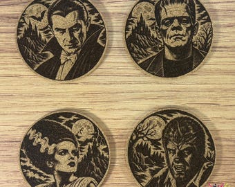 Classic Monsters Laser Engraved Cork Coasters – Dracula, Frankenstein, Wolfman, Bride (Set of 4)