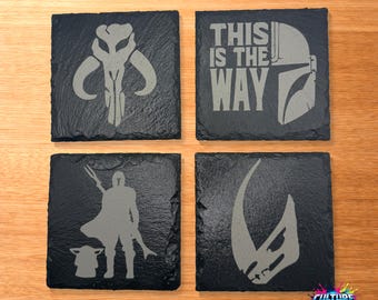 Star Wars Inspired Mandalorian Laser Engraved Slate Coasters Set of 4