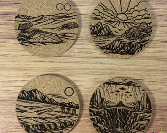 Star Wars Inspired Laser Engraved Cork Coasters Set of 4 – Sequel Trilogy Planet Set – Jakku, Ahch-To, Crait, Exegol