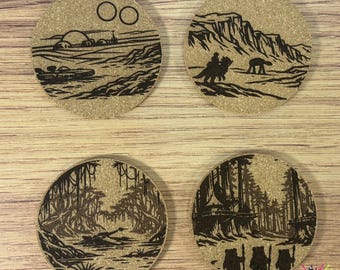 Star Wars Inspired Laser Engraved Cork Coasters Set of 4 – Original Trilogy Planet Set – Tatooine, Dagobah, Hoth, Endor