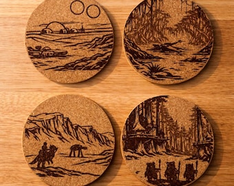 Star Wars Inspired Laser Engraved Cork Coasters Set of 4 – Original Trilogy Planet Set – Tatooine, Dagobah, Hoth, Endor