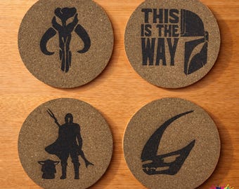 Star Wars Inspired Mandalorian Laser Engraved Cork Coasters Set of 4