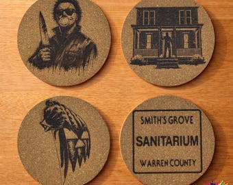 Retro Michael Myers Horror Slasher Inspired Laser Engraved Cork Coasters Set of 4