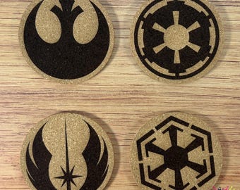 Star Wars Inspired Laser Engraved Cork Coasters Set of 4 - Rebel Alliance, Jedi Order, Galactic Empire, Sith Order