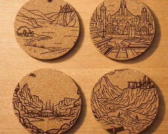 Star Wars Inspired Laser Engraved Cork Coasters Set of 4 – Prequel Trilogy Planet Set – Naboo, Coruscant, Geonosis and Mustafar