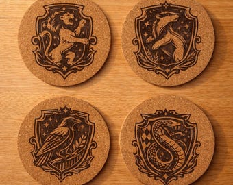 Harry Potter Inspired Cork Coasters Set of 4 - House Crest Coasters - Wizard Gift - Gamer Decor - Nerdy Home Bar - Fantasy Coaster Set
