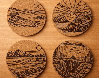 Star Wars Inspired Laser Engraved Cork Coasters Set of 4 – Sequel Trilogy Planet Set – Jakku, Ahch-To, Crait, Exegol