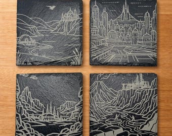 Star Wars Inspired Slate Coasters – Prequel Trilogy Planet Set – Naboo, Coruscant, Mustafar, Geonosis – Laser Engraved Set of 4