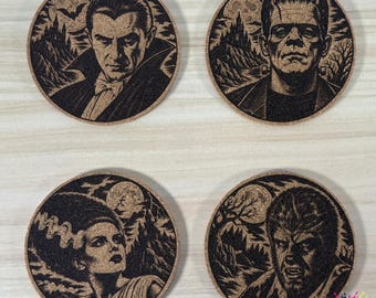 Classic Monsters Laser Engraved Cork Coasters – Dracula, Frankenstein, Wolfman, Bride (Set of 4)