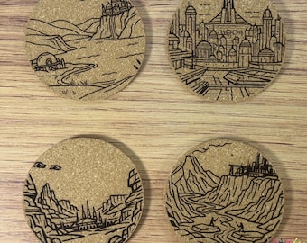 Star Wars Inspired Laser Engraved Cork Coasters Set of 4 – Prequel Trilogy Planet Set – Naboo, Coruscant, Geonosis and Mustafar
